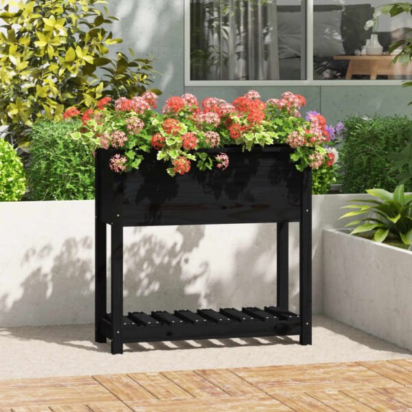 Plantenonline Plantenbak met schap 82,5x34,5x81 cm massief grenenhout zwart