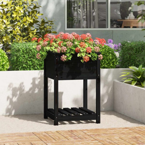 Plantenonline Plantenbak met schap 54x54x81 cm massief grenenhout zwart