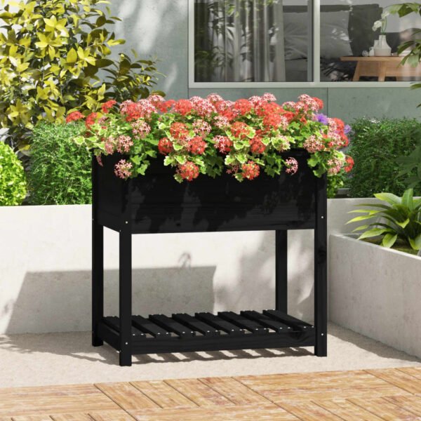 Plantenonline Plantenbak met schap 82,5x54x81 cm massief grenenhout zwart